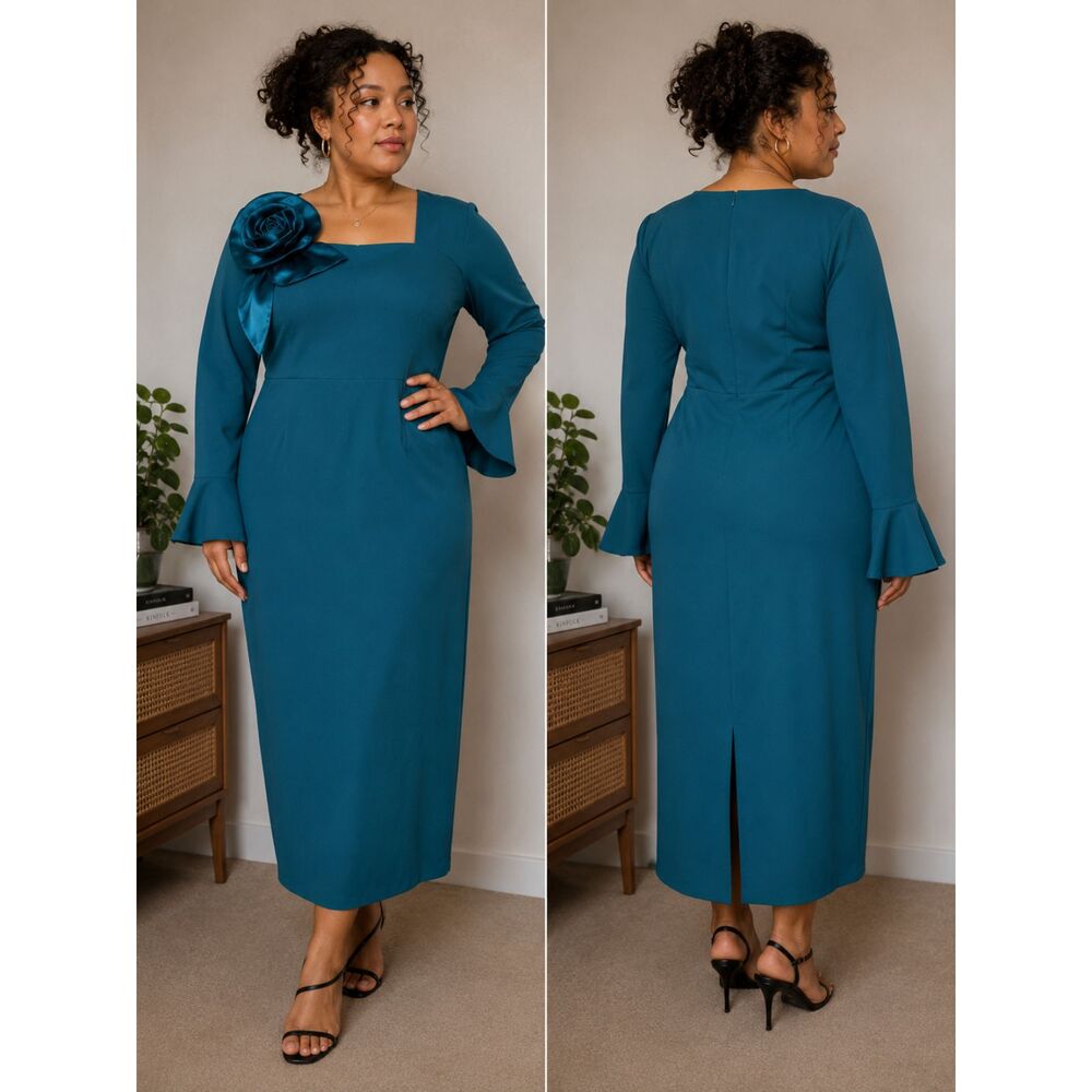 NWT AOMEI Teal Blue 3D Rose Square Neck Dress Bell Sleeve Plus Size 0XL